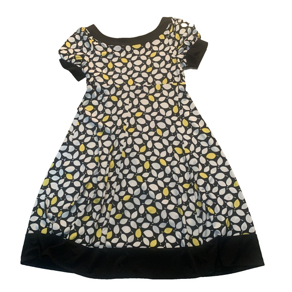 DRESSBARN BLACK/WHITE YELLOW GEOMETRIC DESIGN SHORT SLEEVE DRESS SIZE 6-EUC - Picture 4 of 5